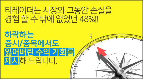 티레이더는 시장의 그동안 손실을 경험 할 수 밖에 없었던 48%!! 하락하는 증시/종목에서도 잃어버린 수익 기회를 제시해 드립니다.