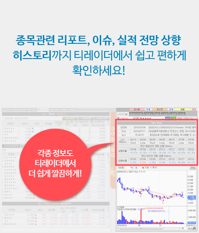 종목관련 리포트, 이슈, 실적 전망 상향 히스토리까지 티레이더에서 쉽고 편하게 확인하세요!