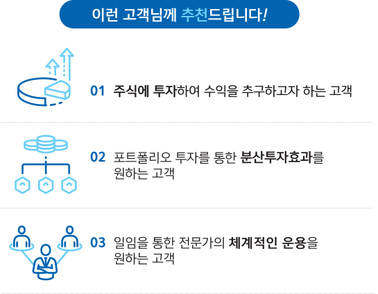 이런 고객님께 추천드립니다! 01 주식에 투자하여 수익을 추구하고자 하는 고객 02 포트폴리오 투자를 통한 분산 투자 효과를 원하는 고객 03 일임을 통한 전문가의 체계적인 운용을 원하는 고객